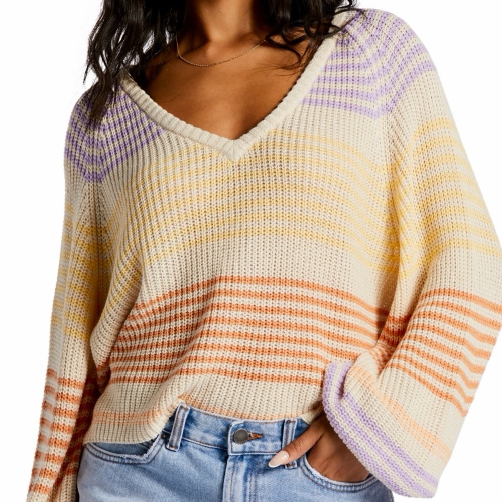 NWOT Billabong Under The Sun Sweater In Multi Color Striped V-Neck Sweater Med